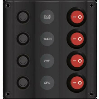 Switch Panel LED 4 Gang with Circuit Breakers for Marine/Caravan, IP65 Splash Proof
