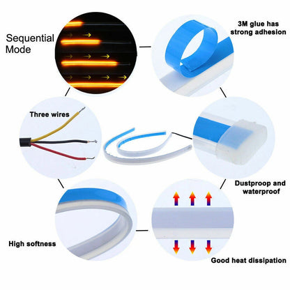2 x 30CM Slim Amber Sequential Flexible LED DRL Turn Signal Strips for Car
