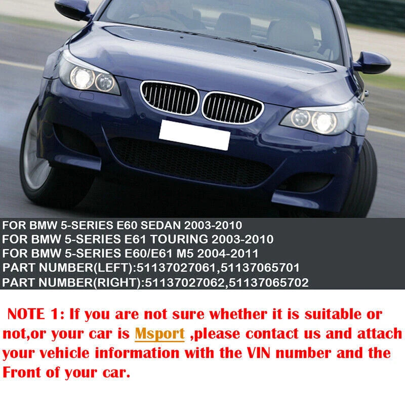 2 x Front Kidney Grille Covers for BMW E60 E61 5-Series (2003-2010) Matte Black