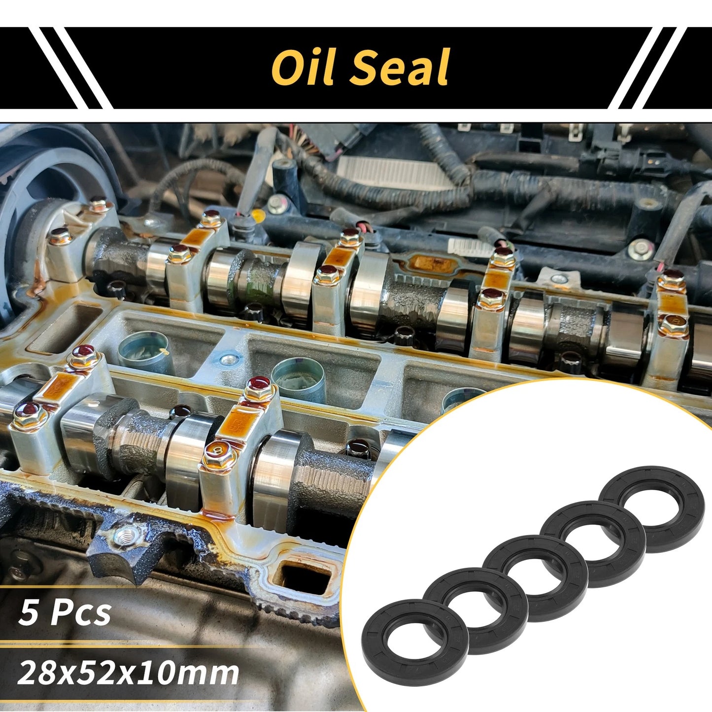 Oil Seal 28x52x10mm Seal Ring Rotary Shaft Seal NBR Rubber Black 5 Pcs