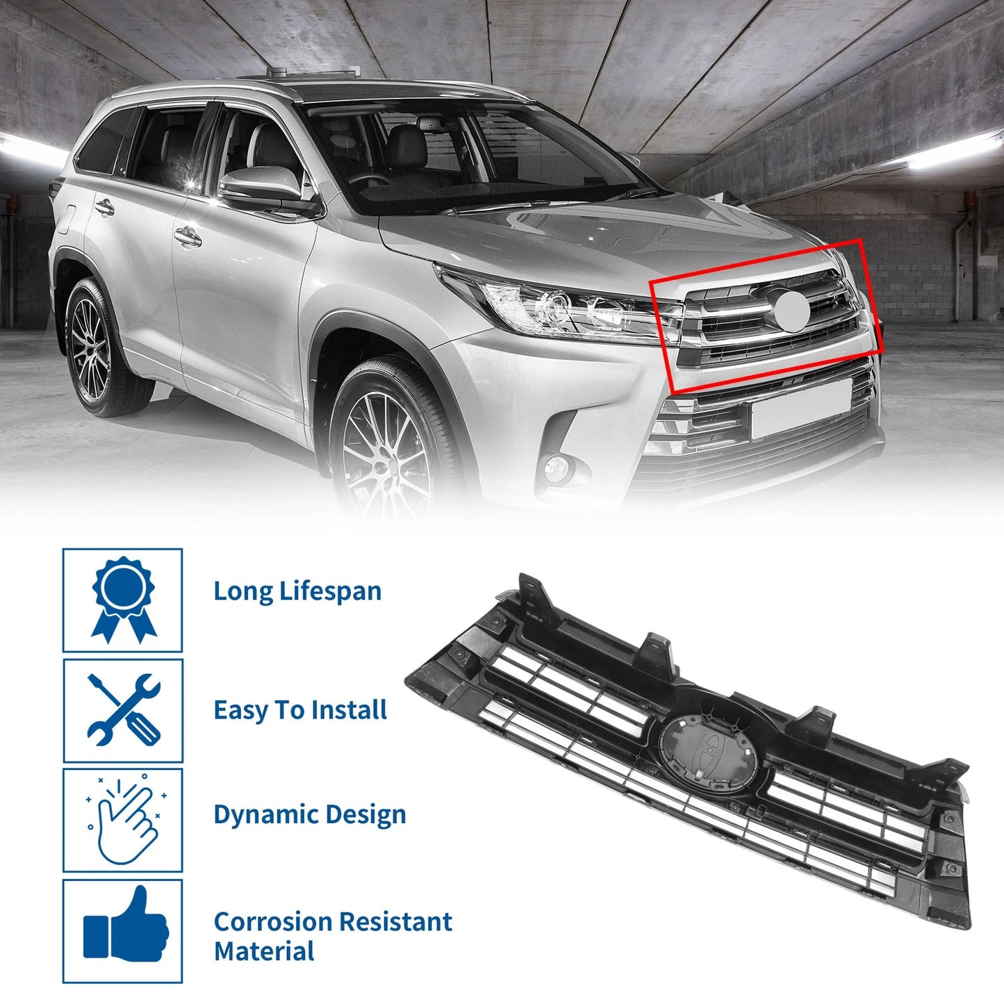 Front Upper Bumper Grille for Toyota Highlander 2017-2019 Black