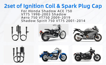 2 x Ignition Coils + Caps for Shadow Spirit 750 (2001-2009)