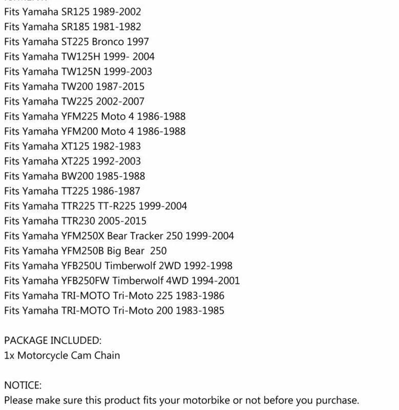 Timing Chain 25H-104L for Yamaha TTR225, TTR230, TW200, XT225 (2001-2023)