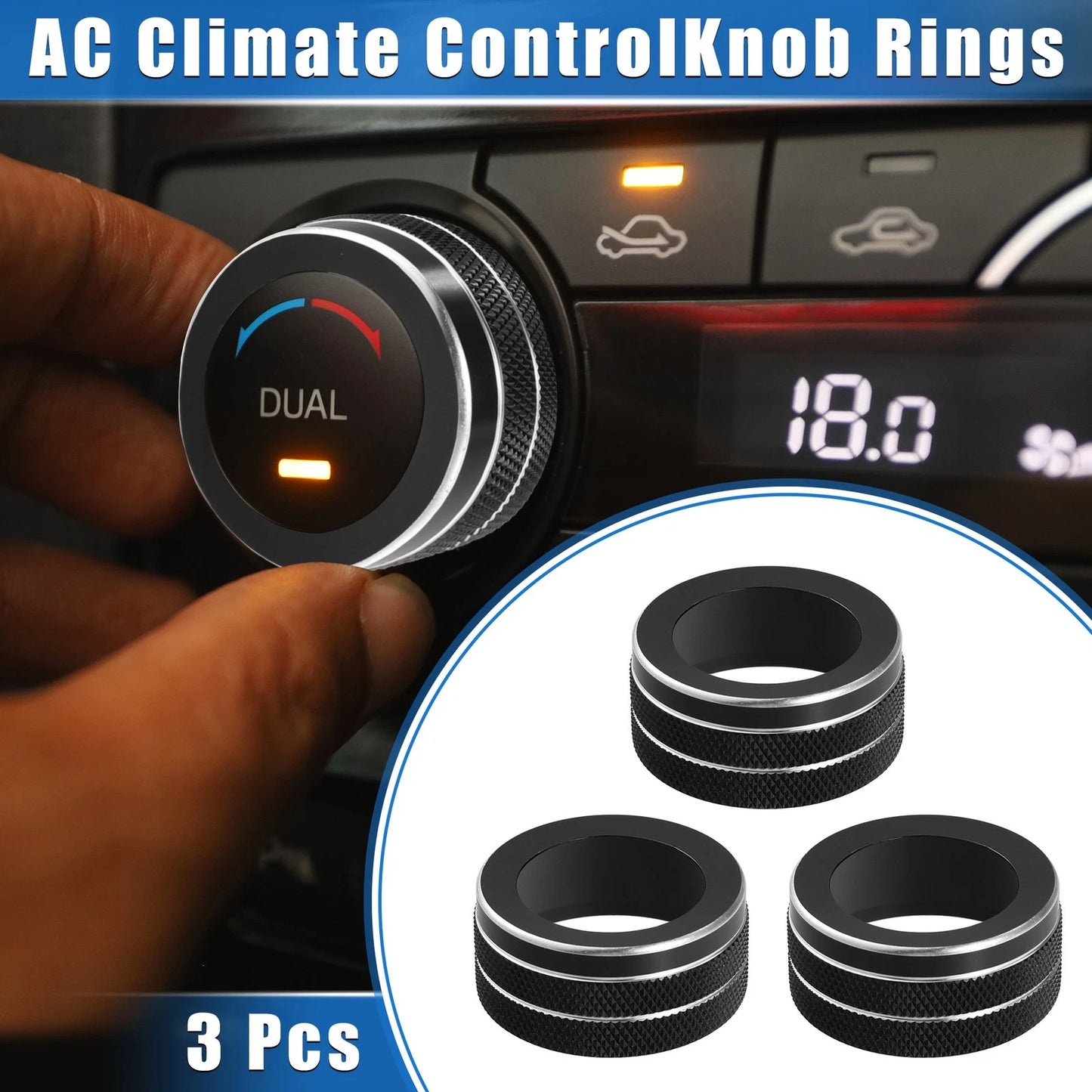 3 x AC Climate Control Knob Rings Cover for Jeep Renegade (2018-2023) Black