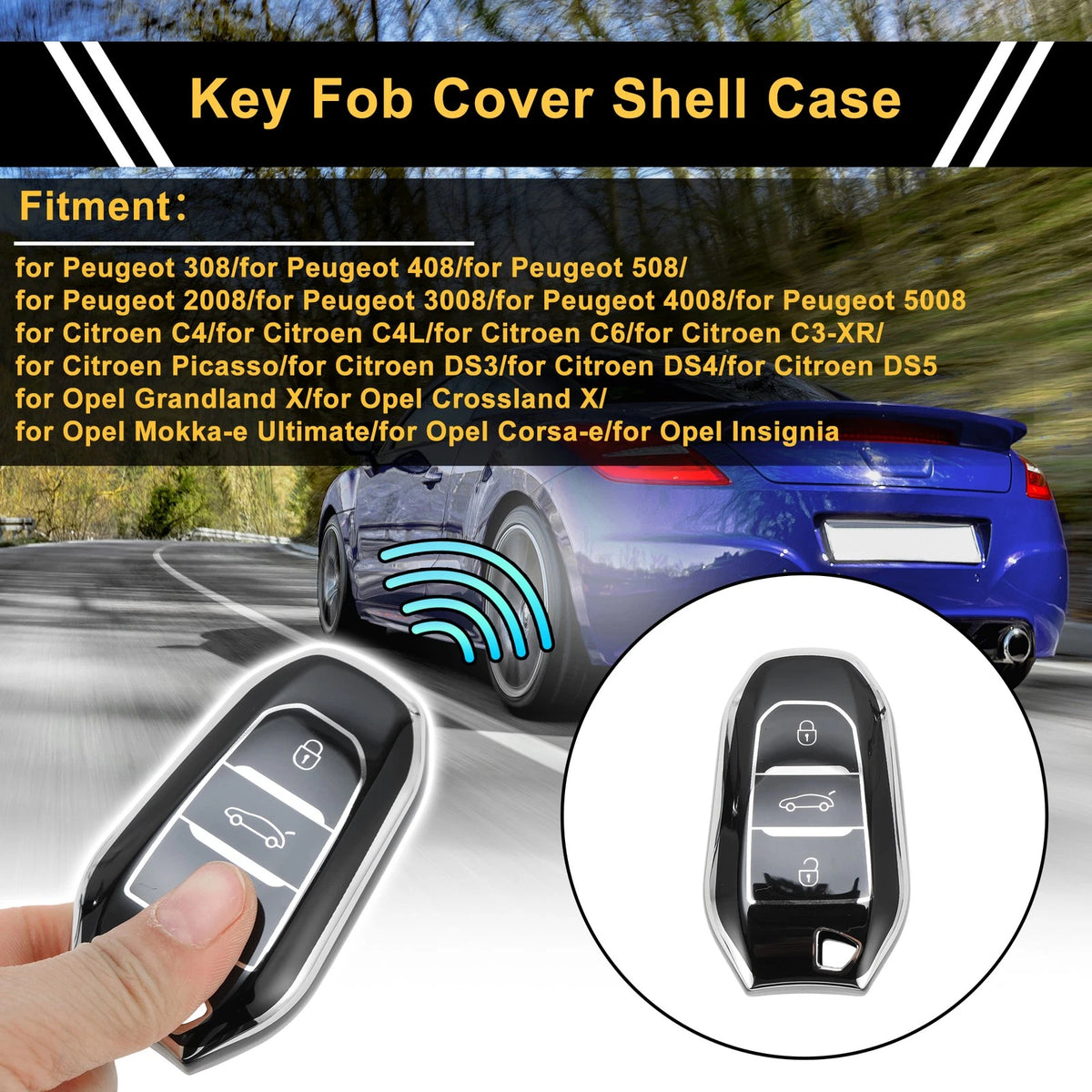 Black Silver TPU Key Fob Shell Cover Case for Peugeot 308 (2007-2014)