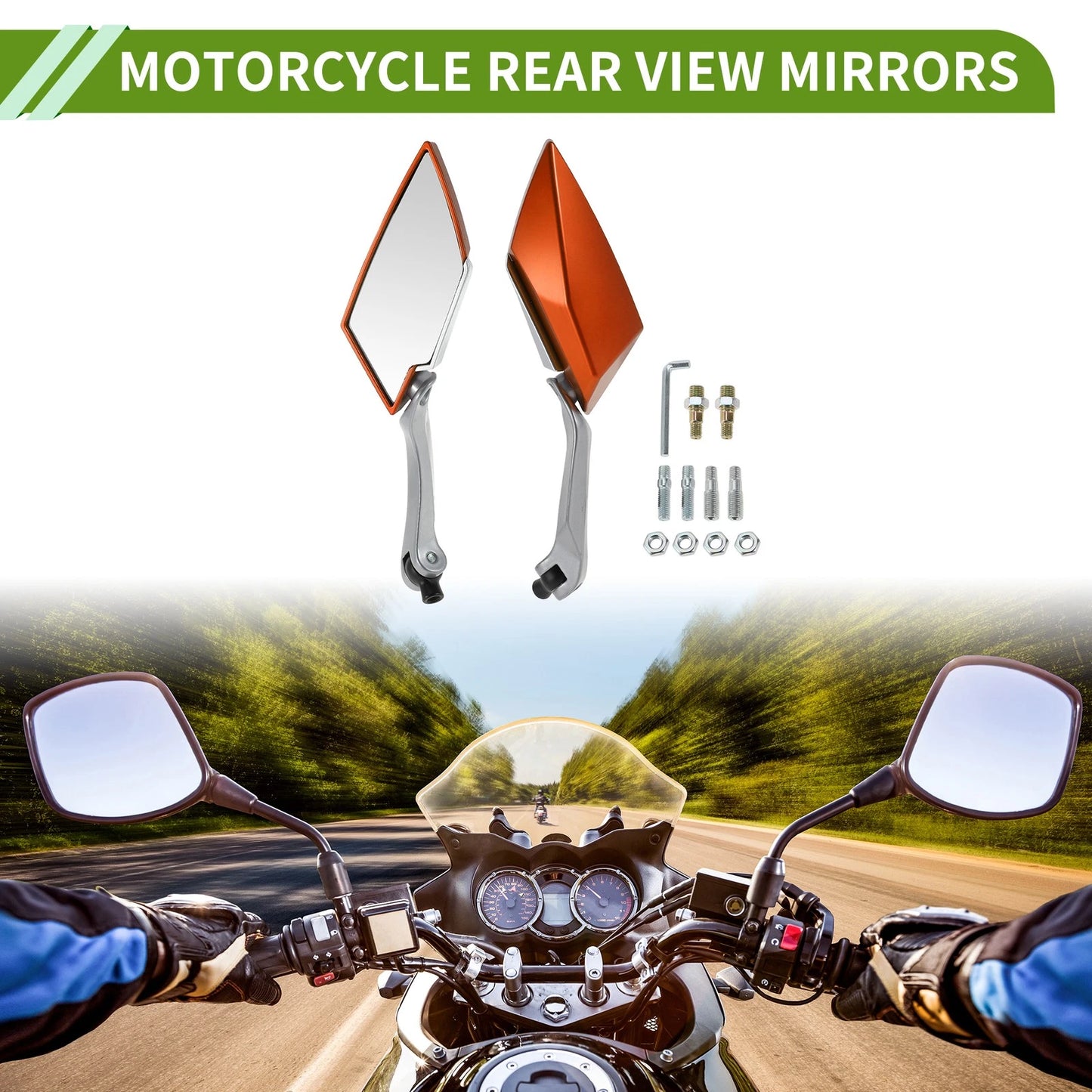 M8/M10 1 Set Rear View Mirrors for Motorcycle Prismatic Orange Aluminum