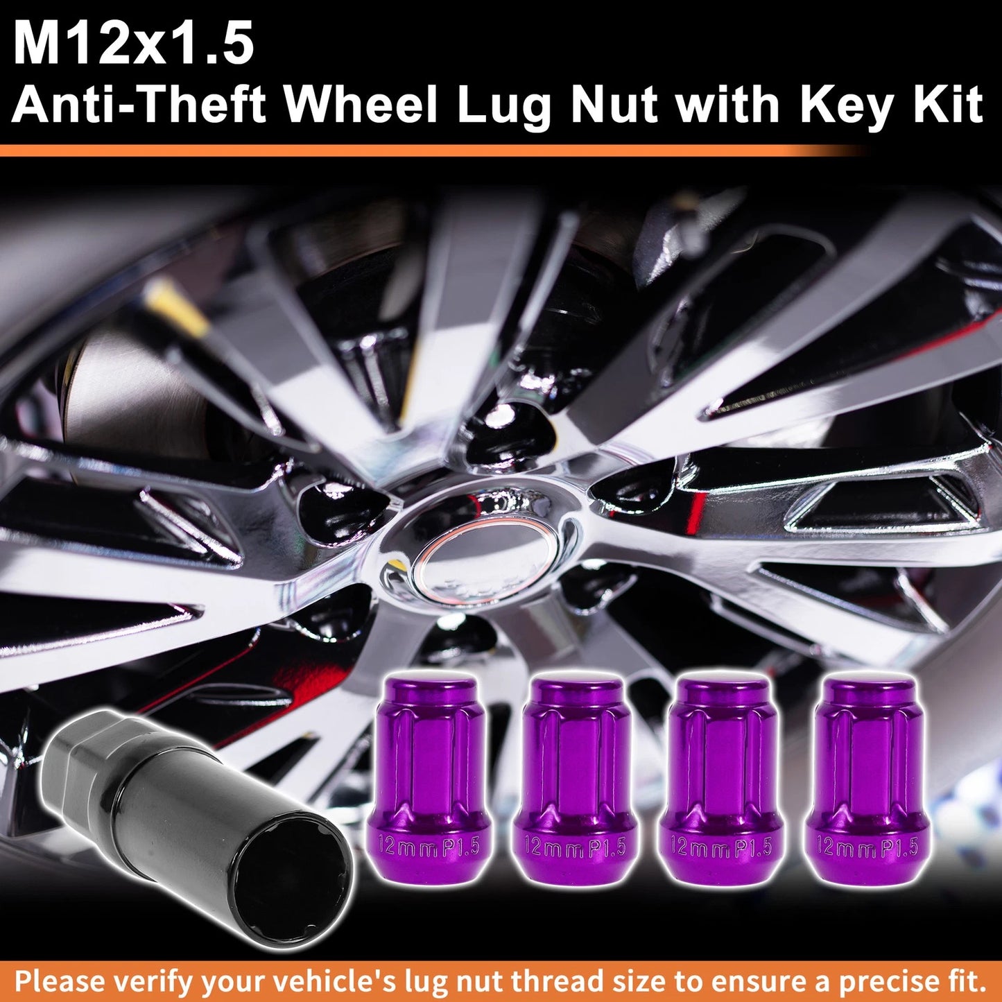 M12x1.5 Tire Wheel Locking Nut with 1 Socket Key Purple for Honda/Toyota