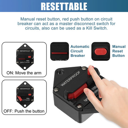 Circuit Breaker 100A Waterproof 12V-48VDC for Automotive RV Marine