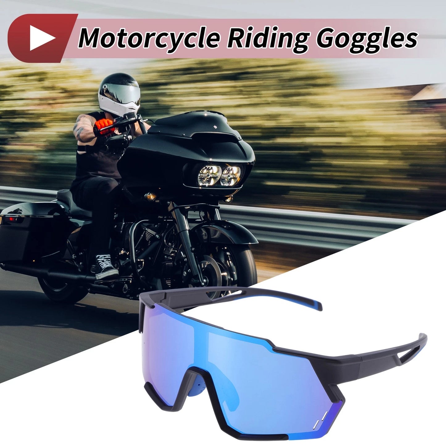 Motorcycle Goggles Blue Lens Black Frame PC Eyeglasses