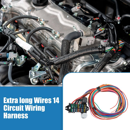 Universal 14 Circuit Wiring Harness Kit with Fuses for GM & Ford
