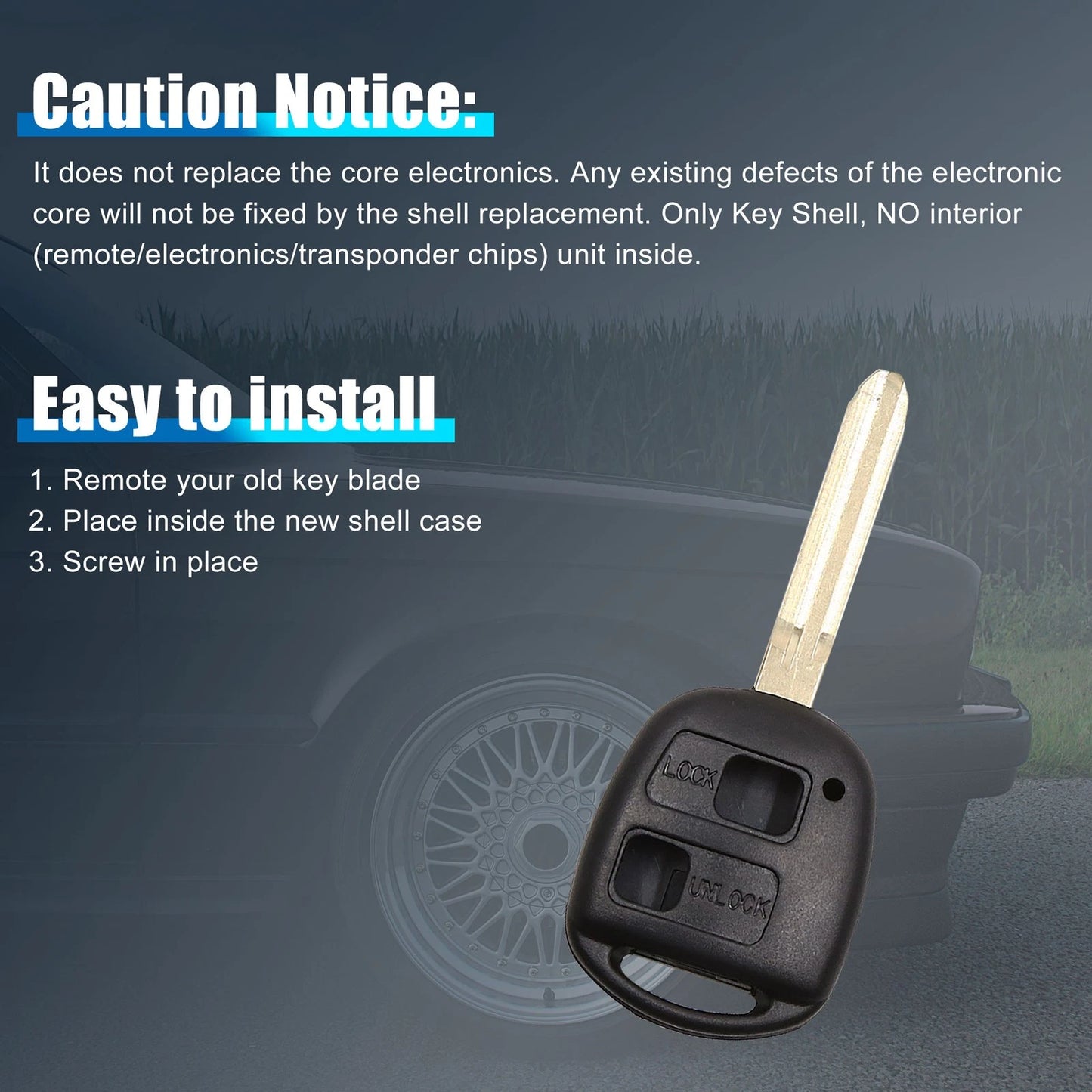 Car Key Fob Shell Case for Toyota Corolla Camry RAV4 2 x Key Buttons