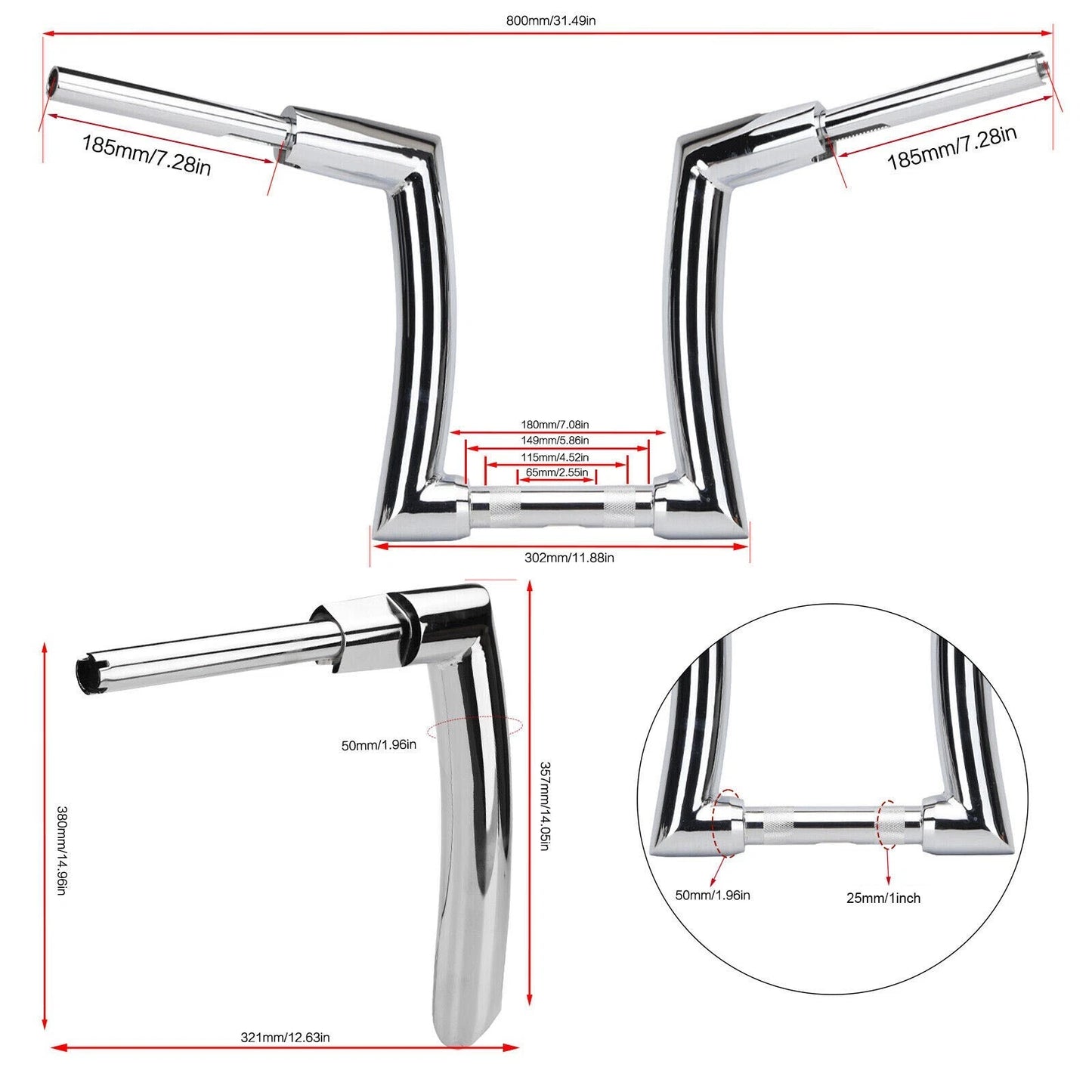 14" Chrome Rise 2" Ape Hanger Handlebar for Harley Sportster, Yamaha Vstar
