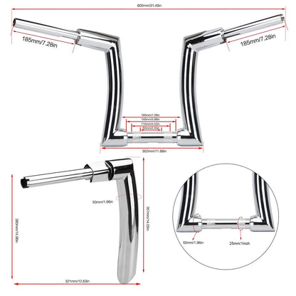 14" Chrome Rise 2" Ape Hanger Handlebar for Harley Sportster, Yamaha Vstar