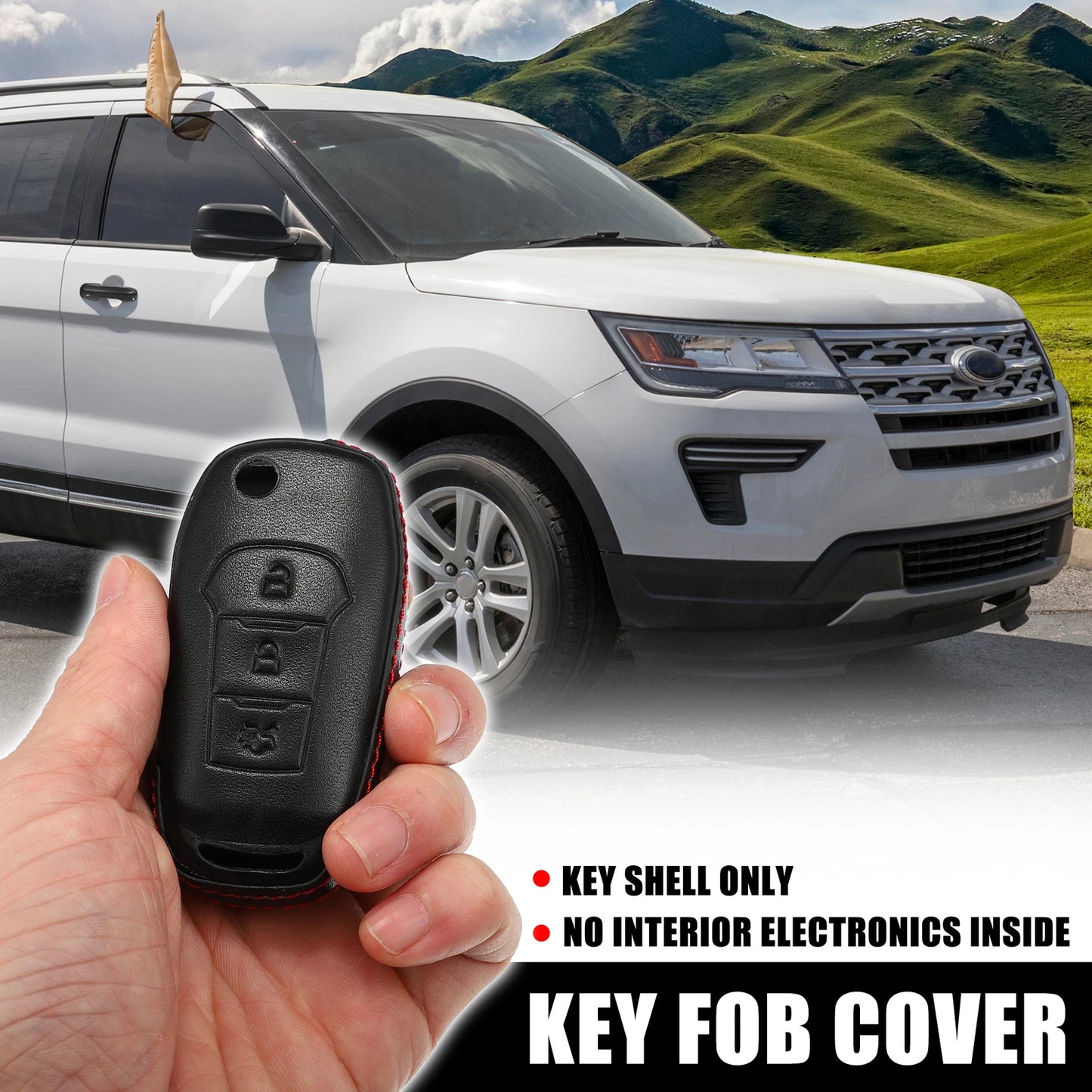 3 x Button Key Fob Case Cover Protector Faux Leather Black for Ford