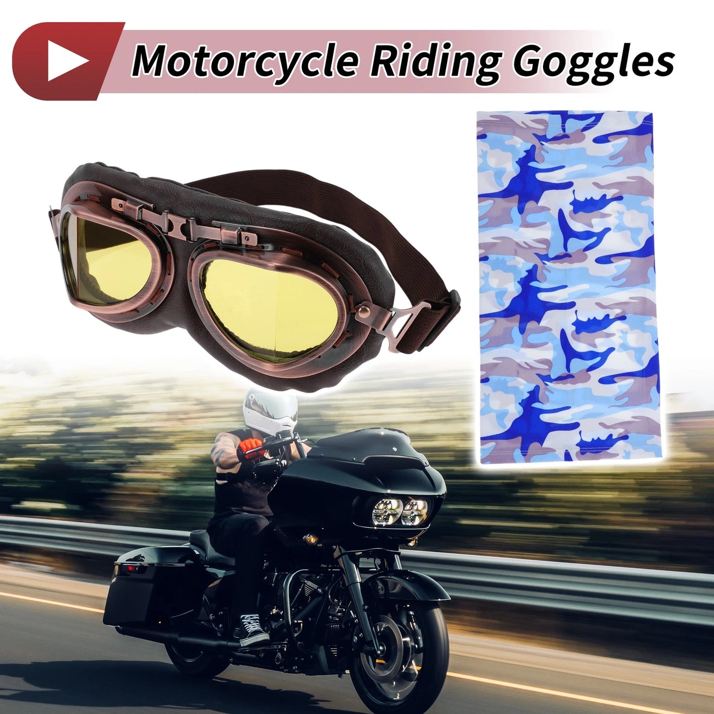 Set Motorcycle Riding Goggles Yellow Lens Brown Frame PC Cycling Sunglasses