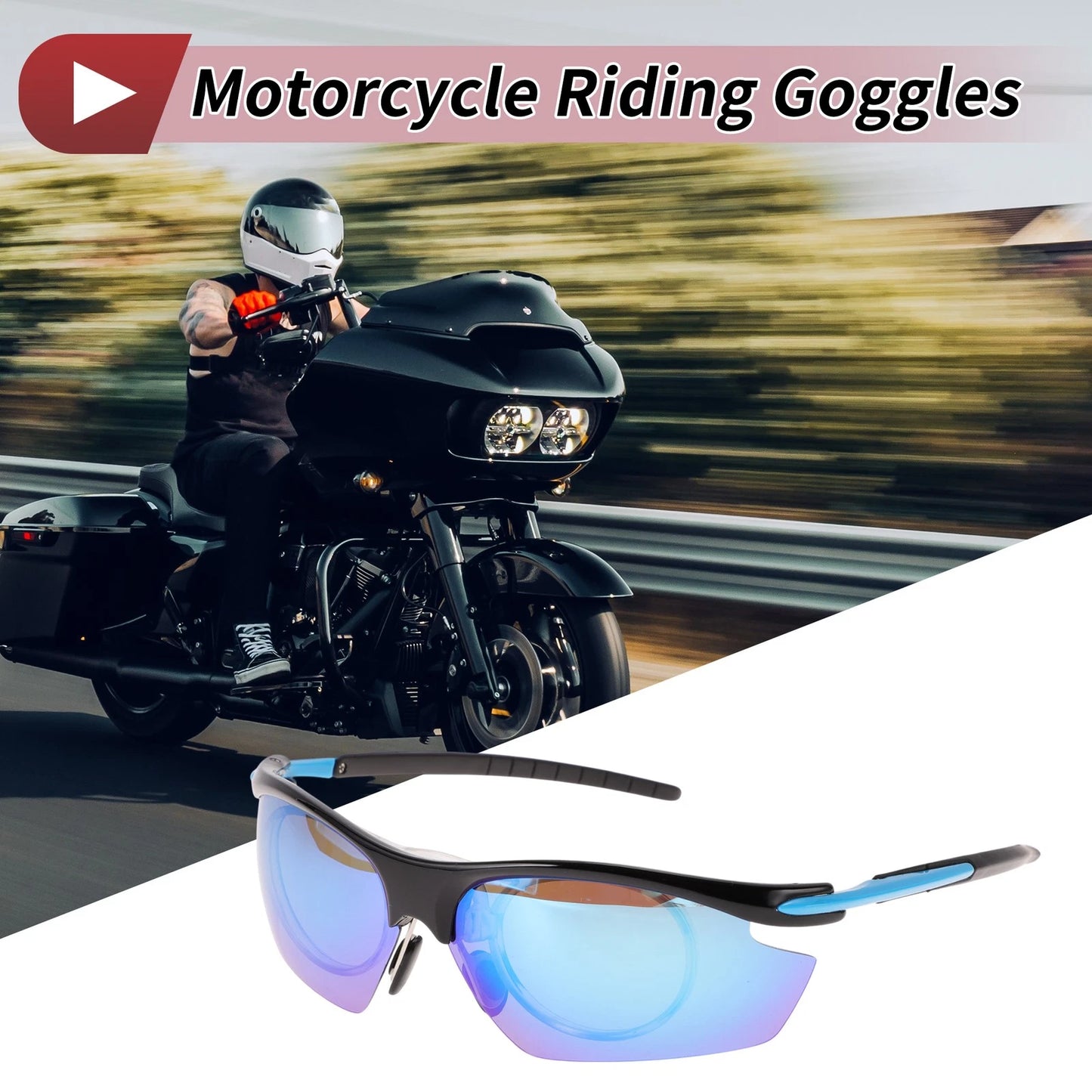 1 Pc Motorcycle Riding Goggles Blue Lens Black Blue Frame Tri-acetel Cellulose for Make Model