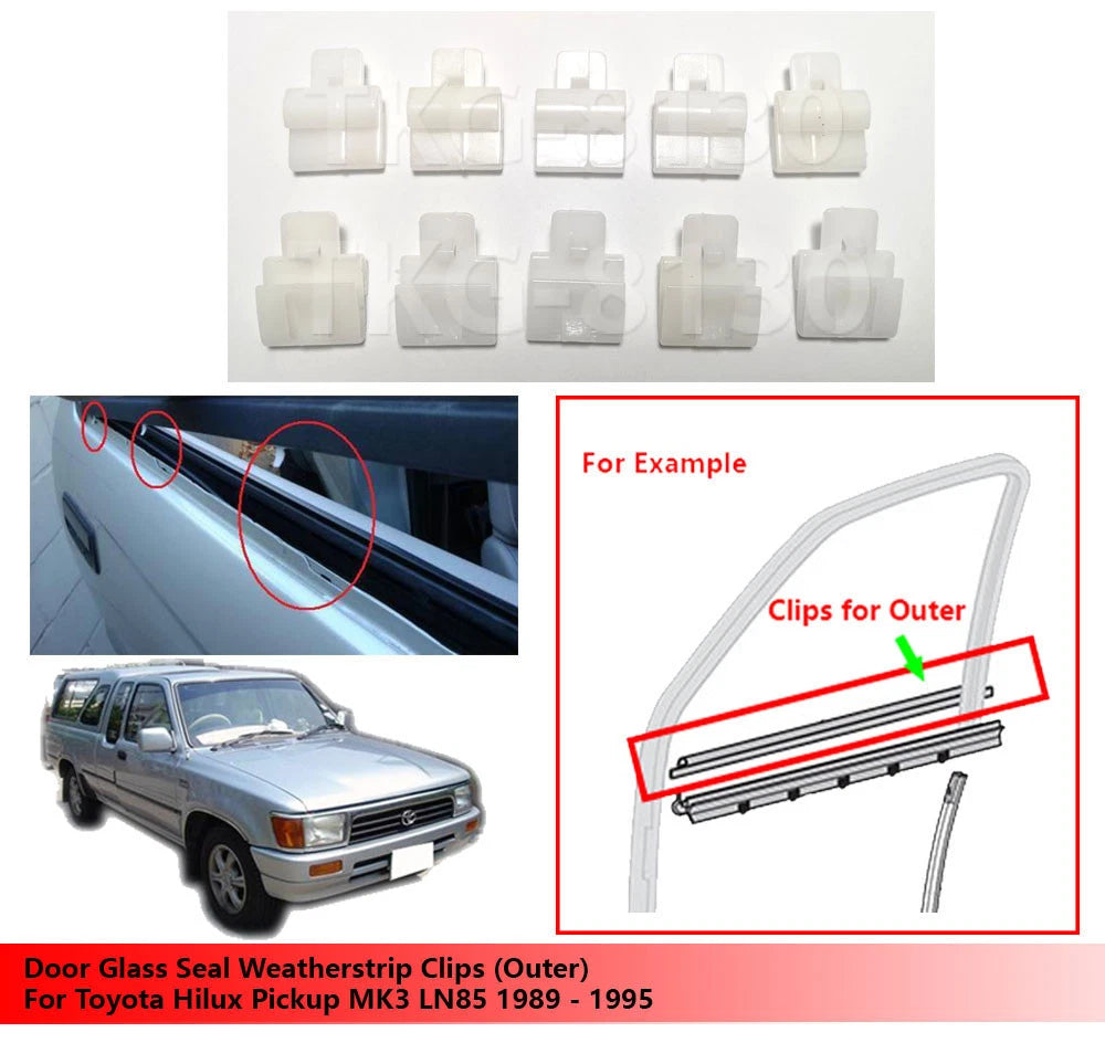 10 x Door Glass Seal Weatherstrip Clips for Toyota Hilux MK3 LN85 (89-95)