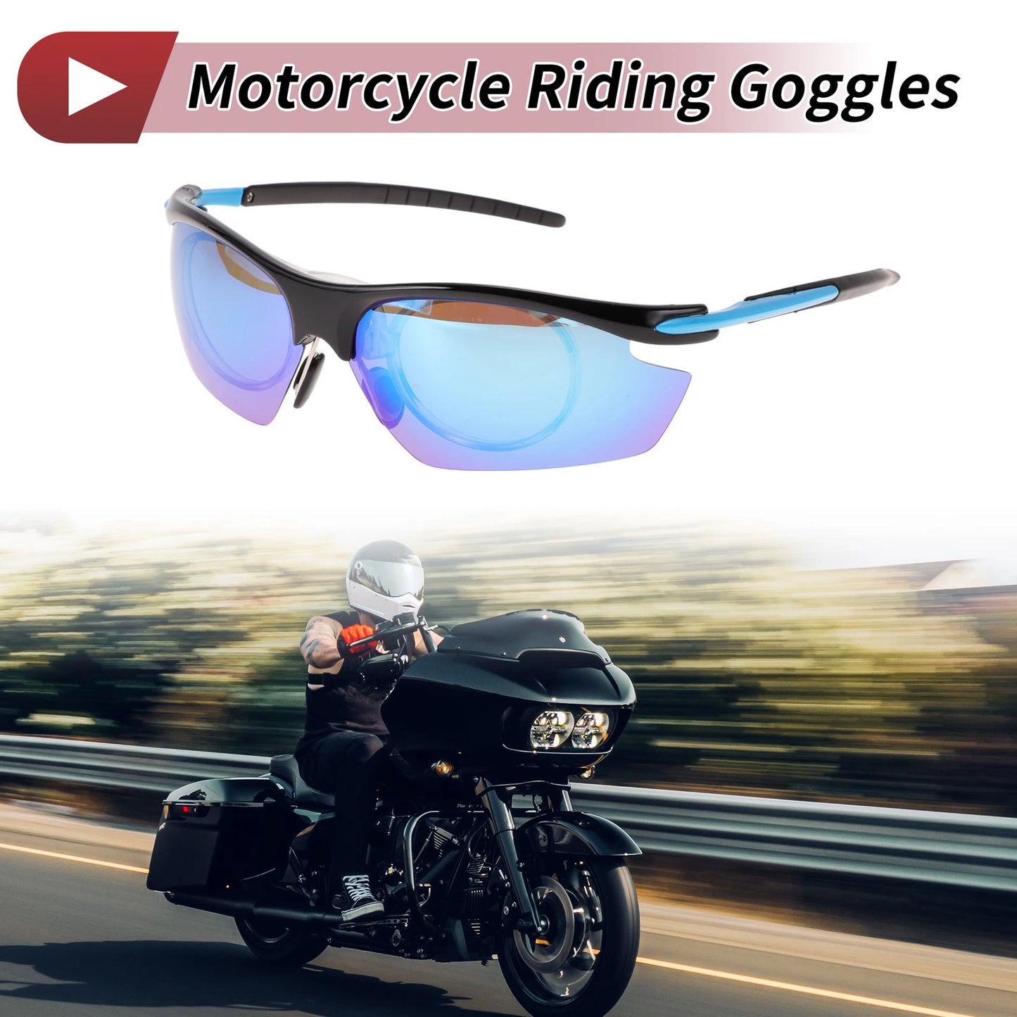 1 Pc Motorcycle Riding Goggles Blue Lens Black Blue Frame Tri-acetel Cellulose for Make Model