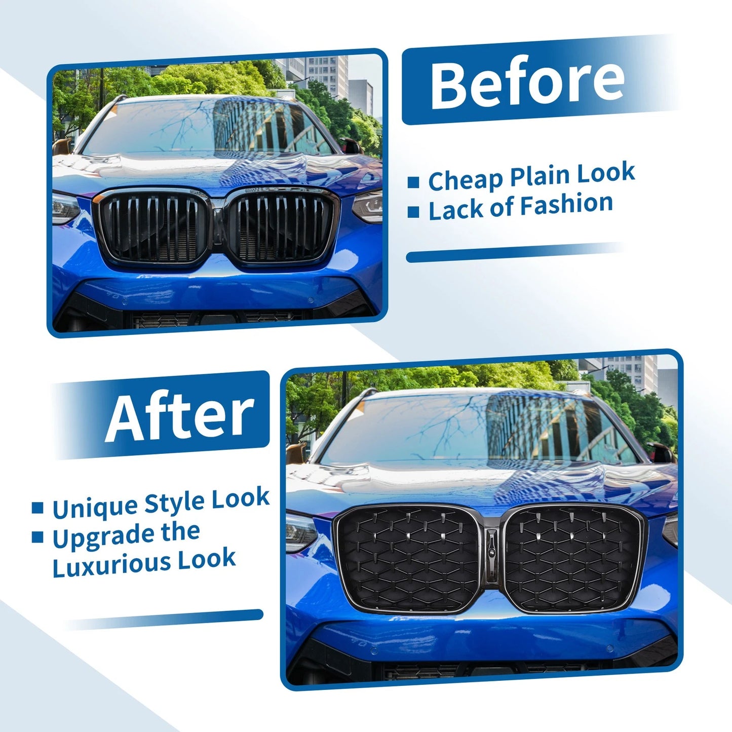 Front Upper Bumper Grille for BMW X3 G01 2020-2023 Diamond Star Gloss Black