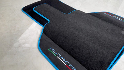 Black Floor Mats for Lamborghini Huracan with Light Blue Trim (2014-2023)
