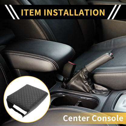 Console Lid Armrest Cover for Ford - Microfiber Leather, Black, Square Pattern