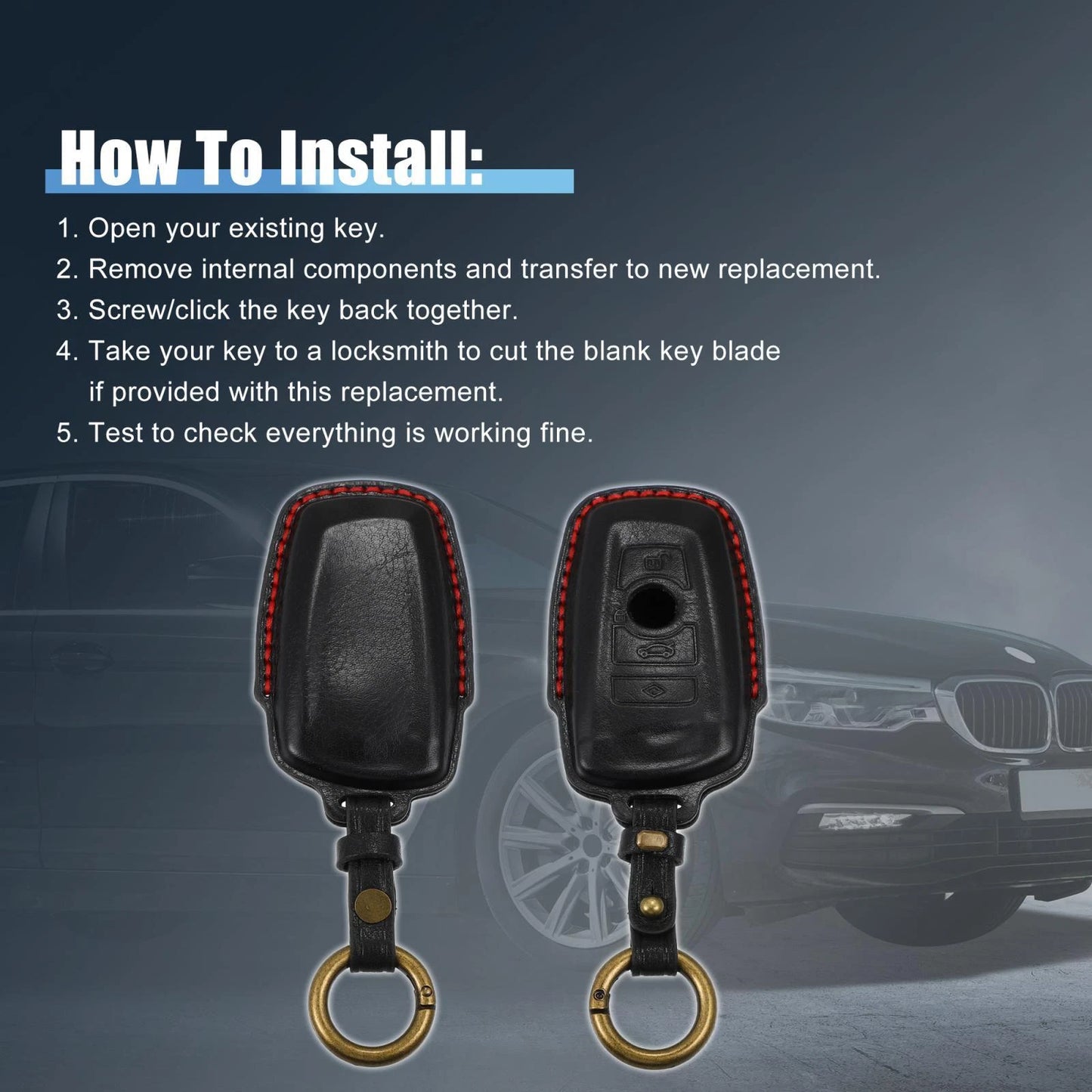 Car Remote Key Fob Case Cover 4 Button Protector Faux Leather Black for BMW
