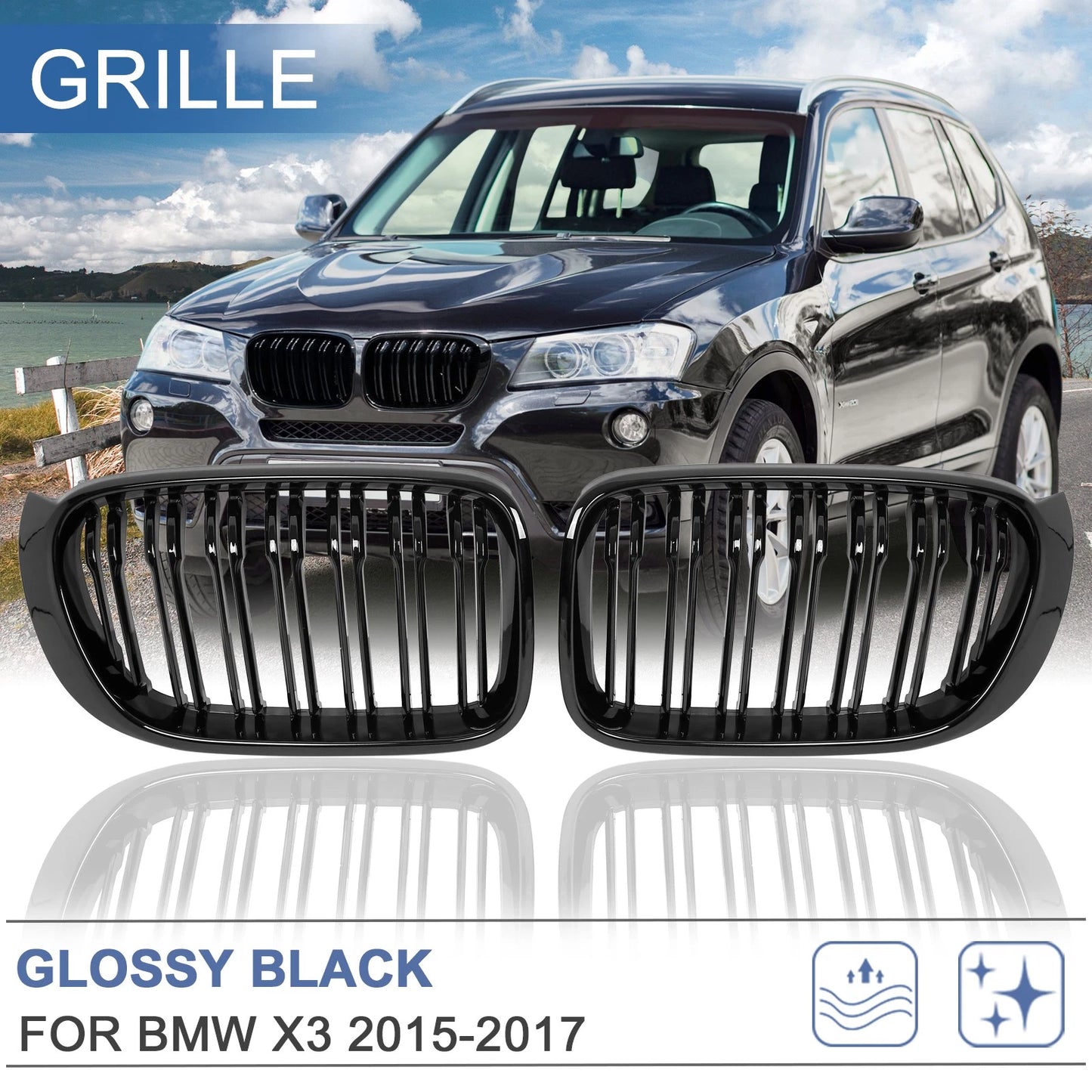 Glossy Black Front Hood Grill Kidney Grille for BMW X3 (2015-2017)