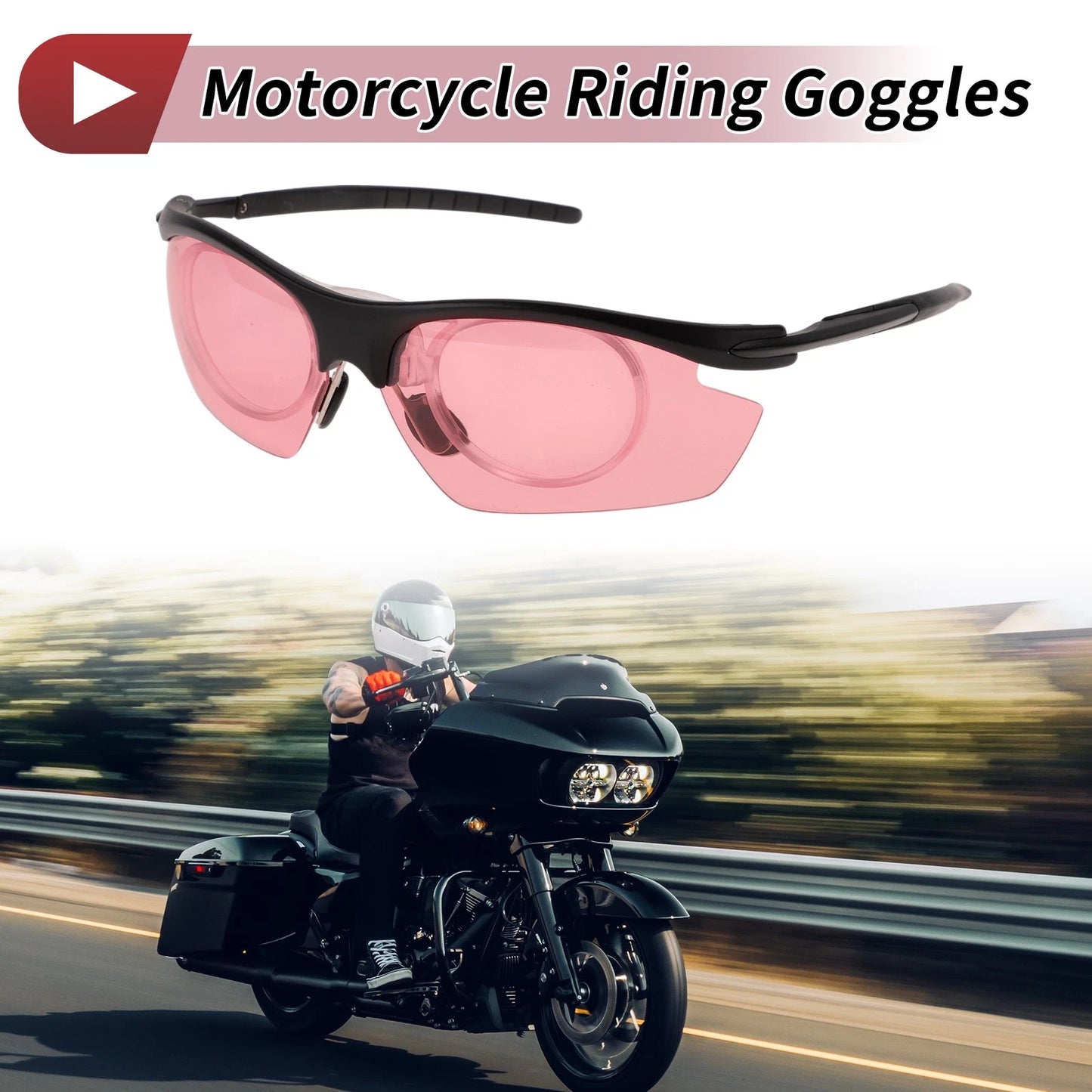 1 Pc Motorcycle Riding Goggles Pink Lens Black Frame Tri-acetel Cellulose