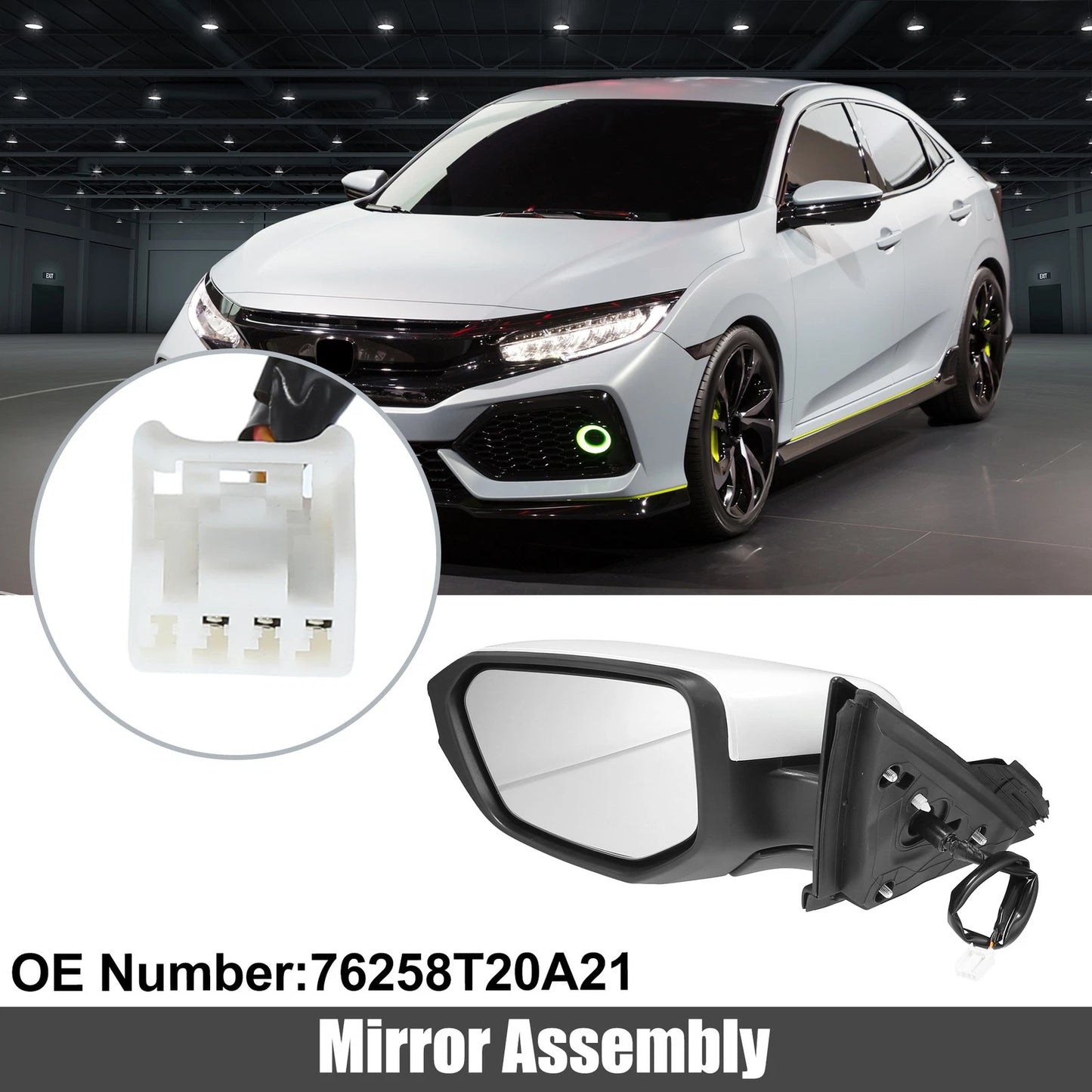 3 Pin Left Side Exterior Door Mirror Assembly White for Honda Civic (2016-2021)