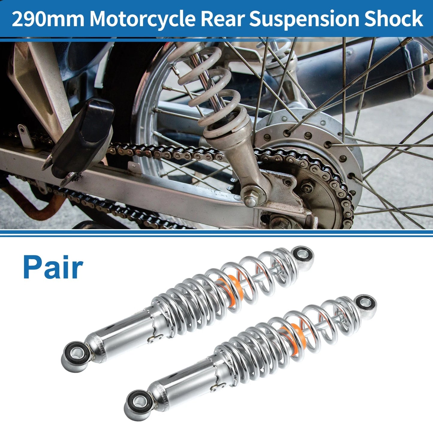 Pair Rear Suspension Shock 290mm for 50cc 70cc Chrome Silver Tone