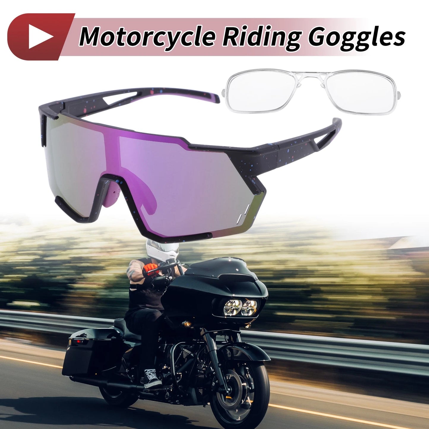 Motorcycle Riding Goggles Purple Lens Black Frame Sunglasses