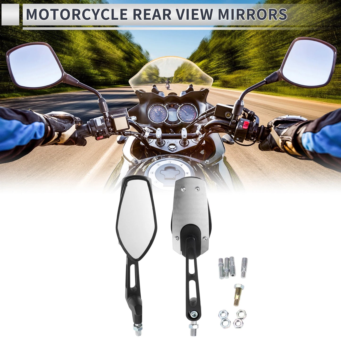 M8/M10 Motorcycle Rear View Mirrors - Handlebar Mirrors Aluminum Black Silver Tone
