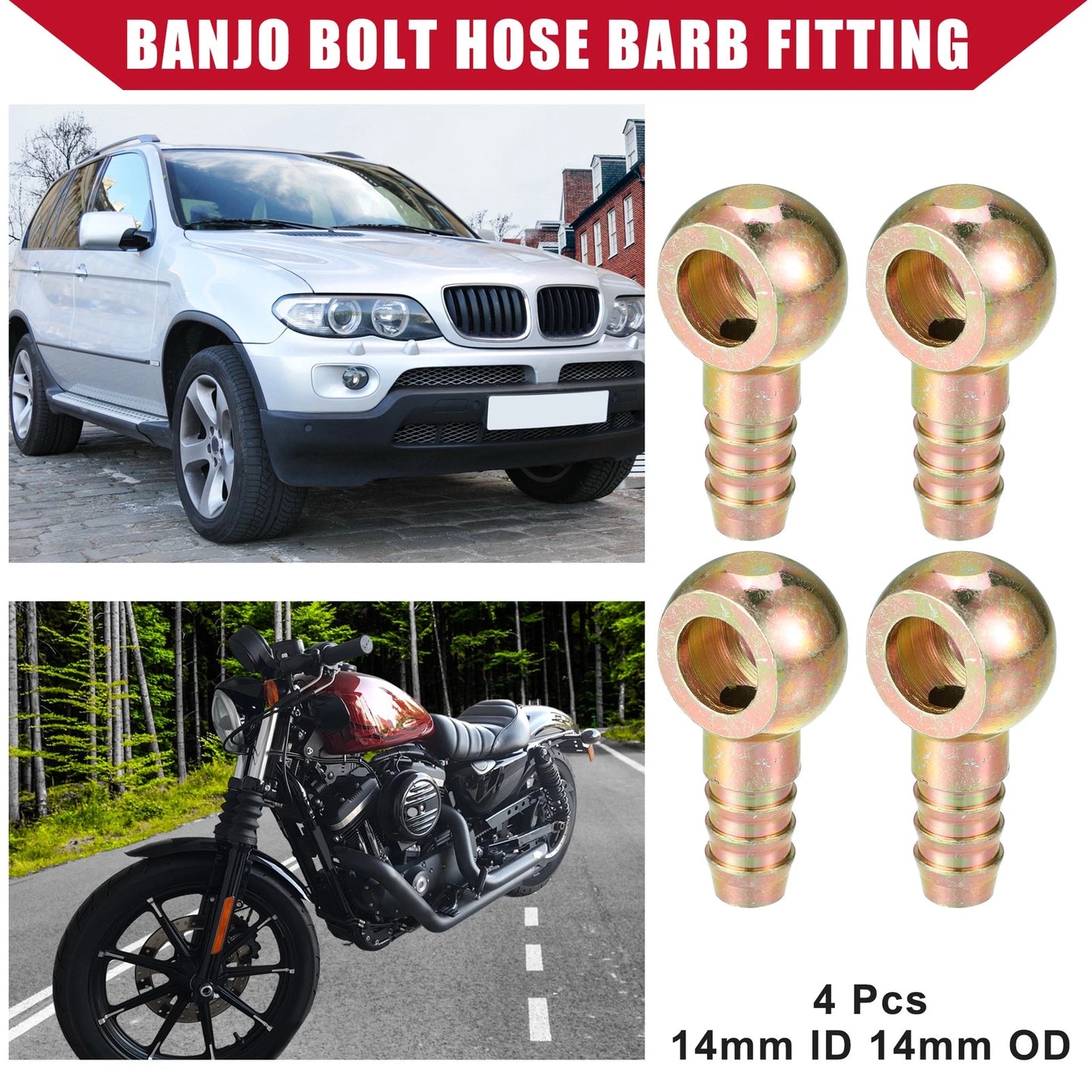 4 x Banjo Bolt Hose Barb Fitting 14mm ID 14mm OD for Car Motorcycle Metal