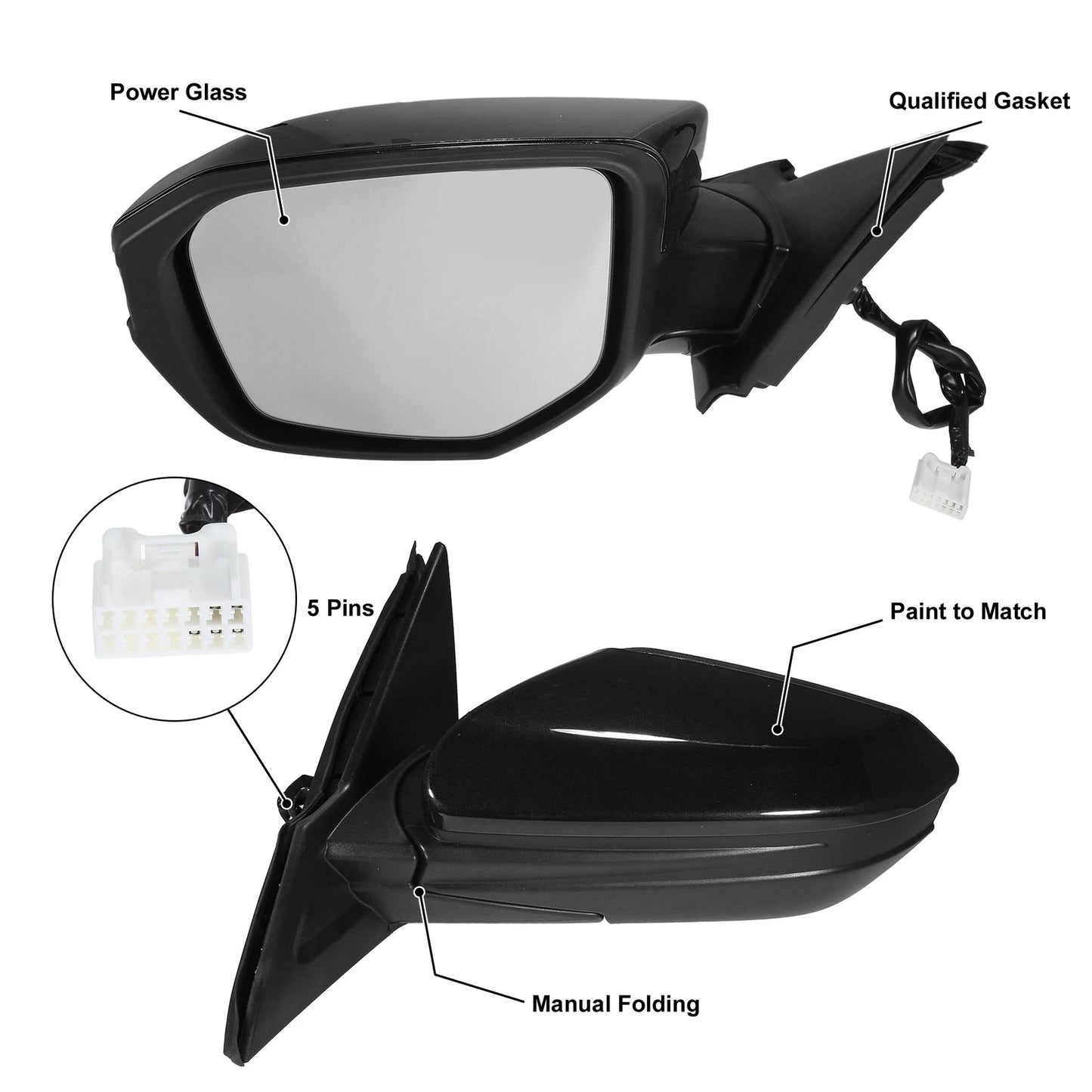 5 Pin Left Side Exterior Door Mirror Assembly Black for Honda Civic (2016-2020)