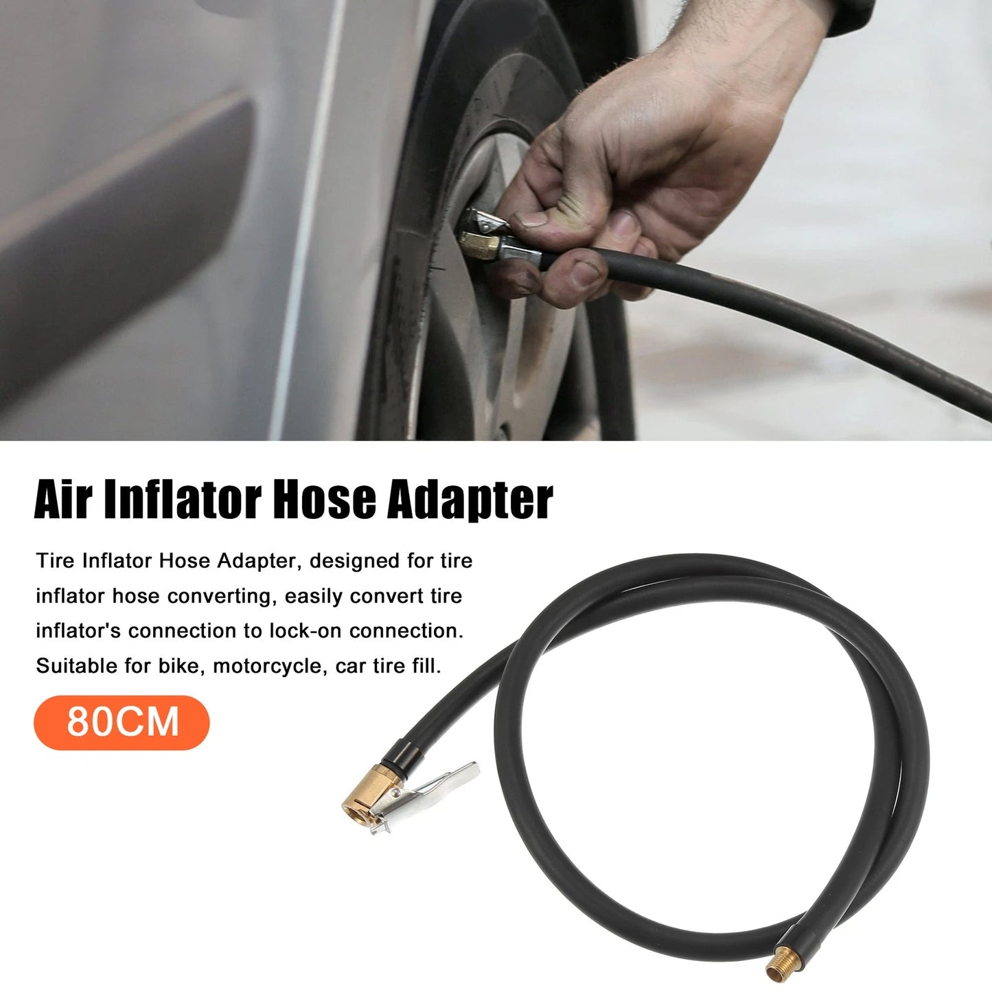 80cm Tire Inflator Pump Hose with Locking Air Chuck for Car/Motorcycle