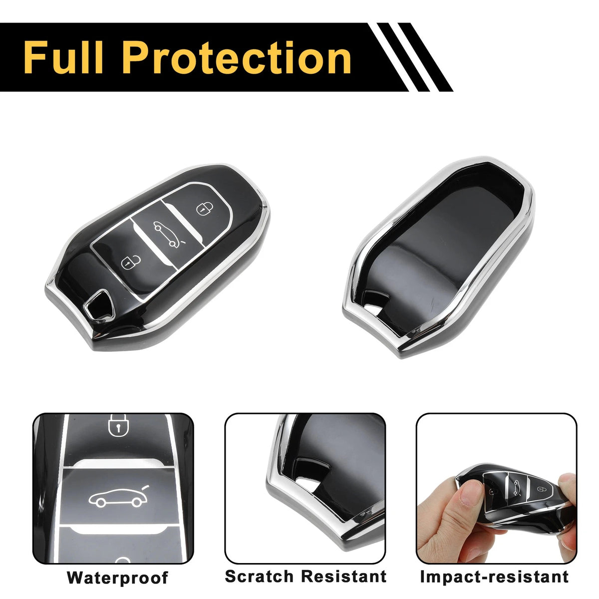 Black Silver TPU Key Fob Shell Cover Case for Peugeot 308 (2007-2014)