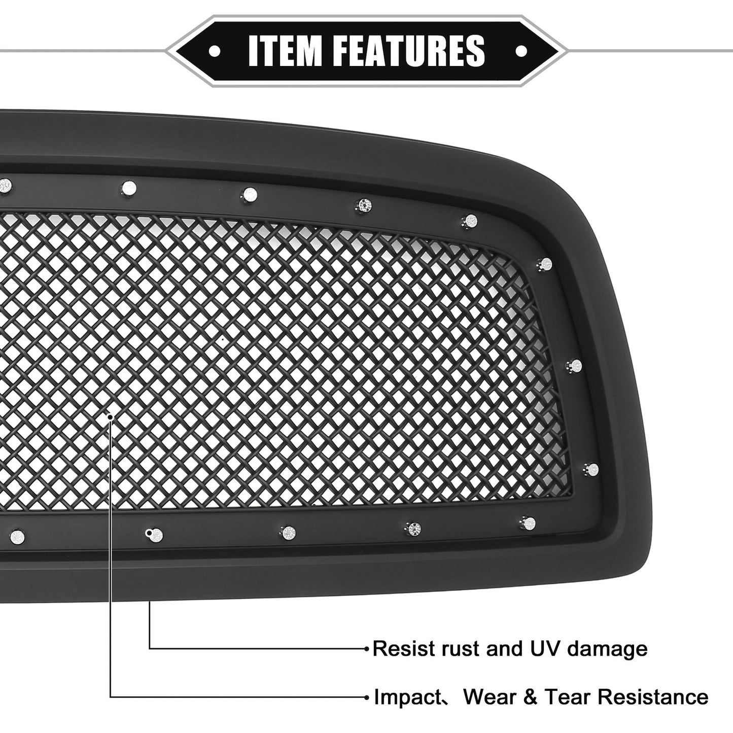 Front Grille Assembly with Rivet for Dodge Ram 1500 Matte Black (2011 - 2012)