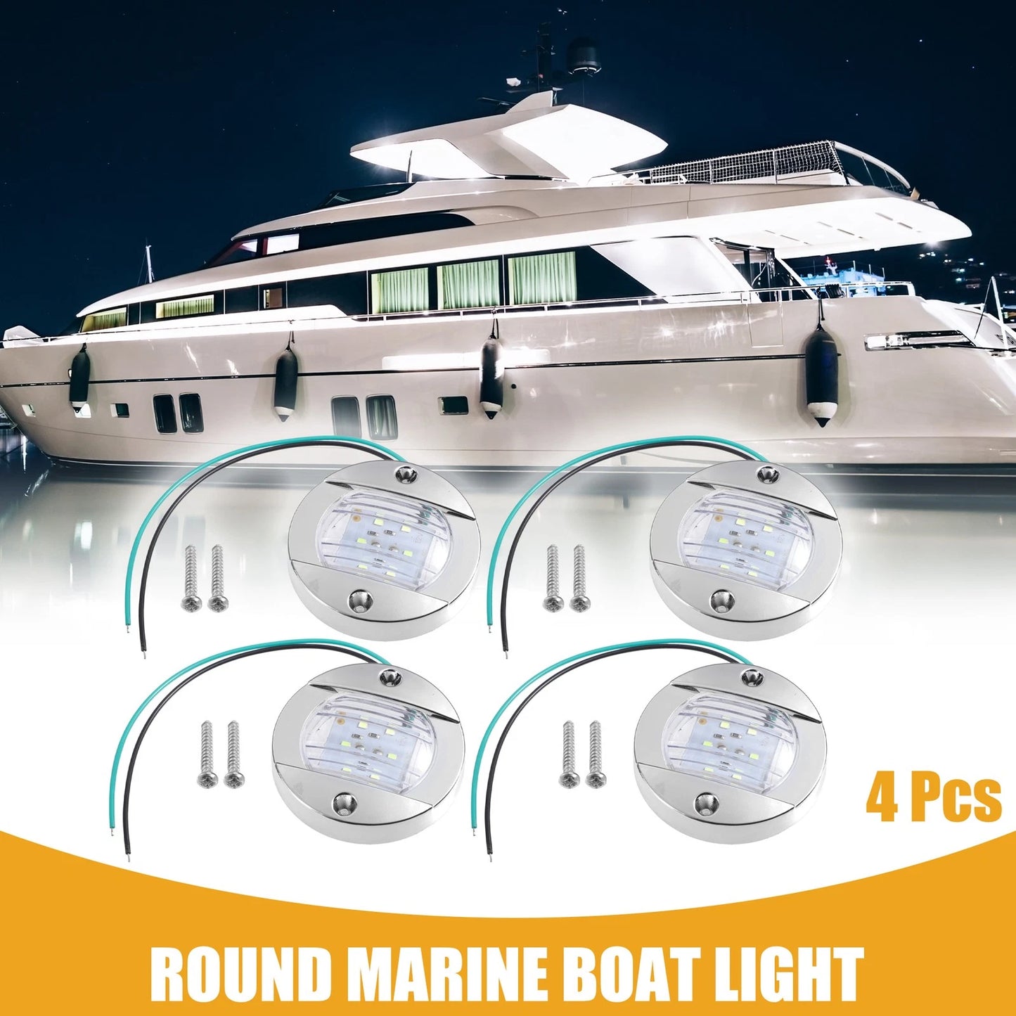 4 Pcs Universal Interior Round Marine Boat Light with 6 LEDs for Boat Green