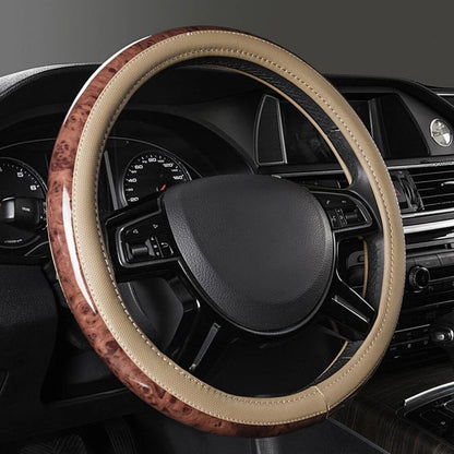 15" Beige Wood Grain Look Steering Wheel Cover for Car