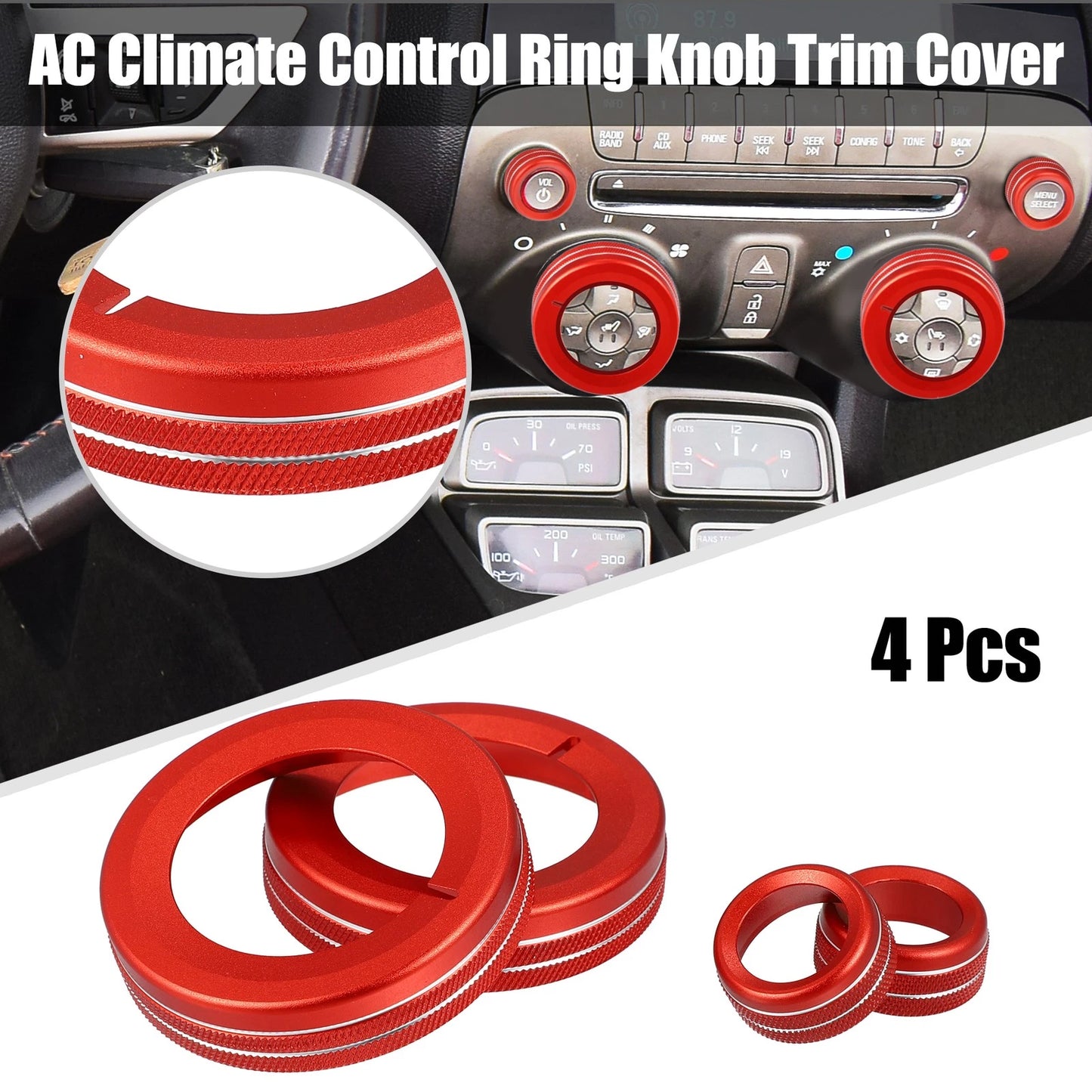 4 x Red Aluminum Alloy Center Control Ring Knob Cover for Chevrolet Camaro