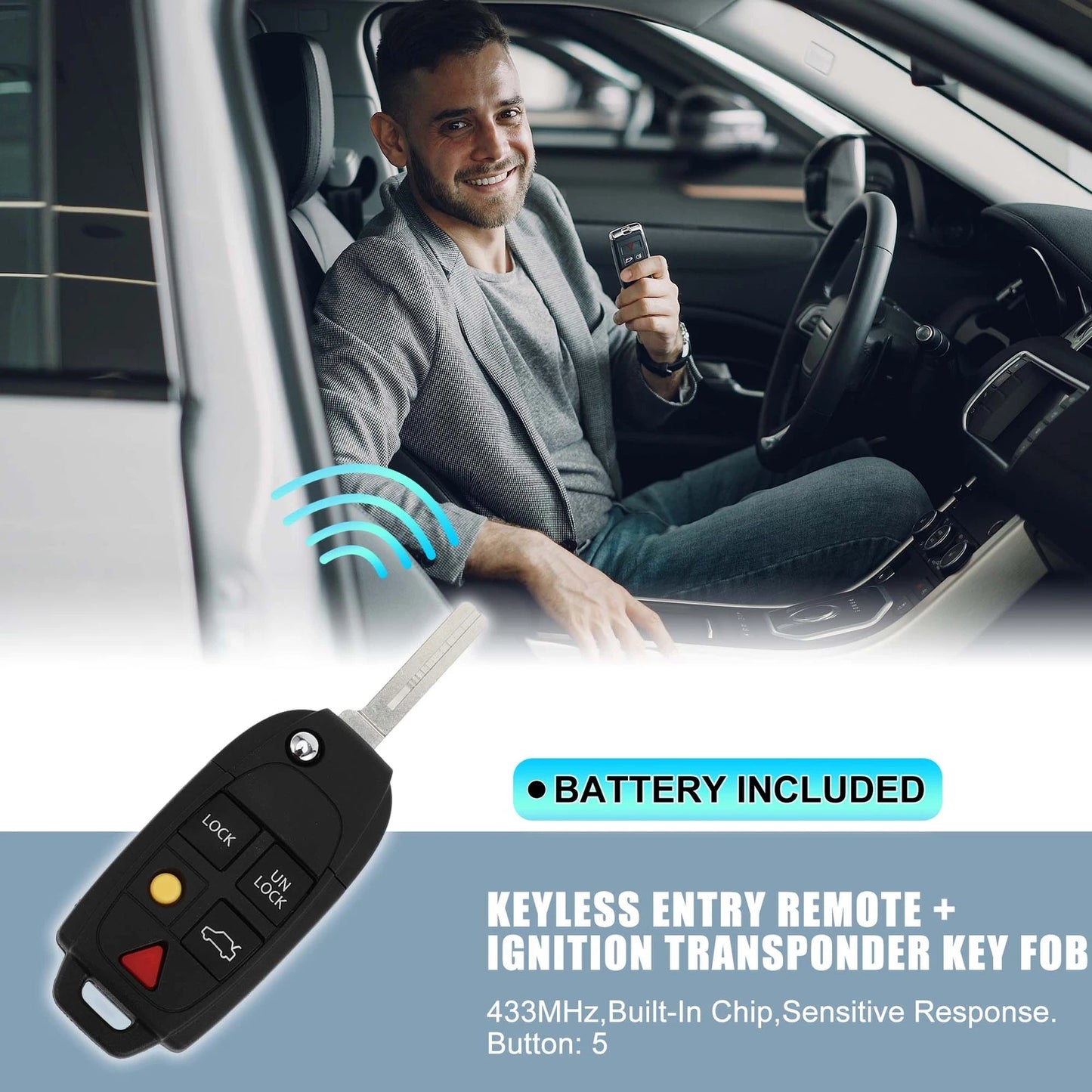 433MHz Keyless Entry Remote Ignition Transponder Key Fob for Volvo XC90, XC70