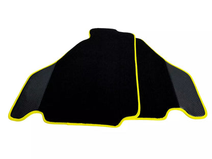 Black Floor Mats for Ferrari F430 with Carbon Fiber & Yellow Trim (2004-2009)