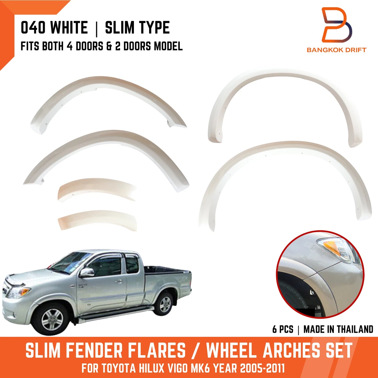 White Slim Fender Flares for Toyota Hilux Ute MK6 VIGO (2005-2011)