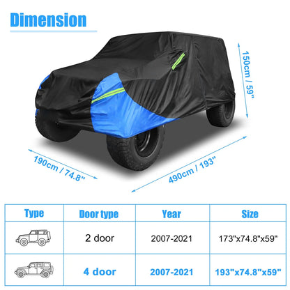 SUV Car Cover for Jeep Wrangler JK JL 4 Door 2007-2021 Waterproof Black Blue