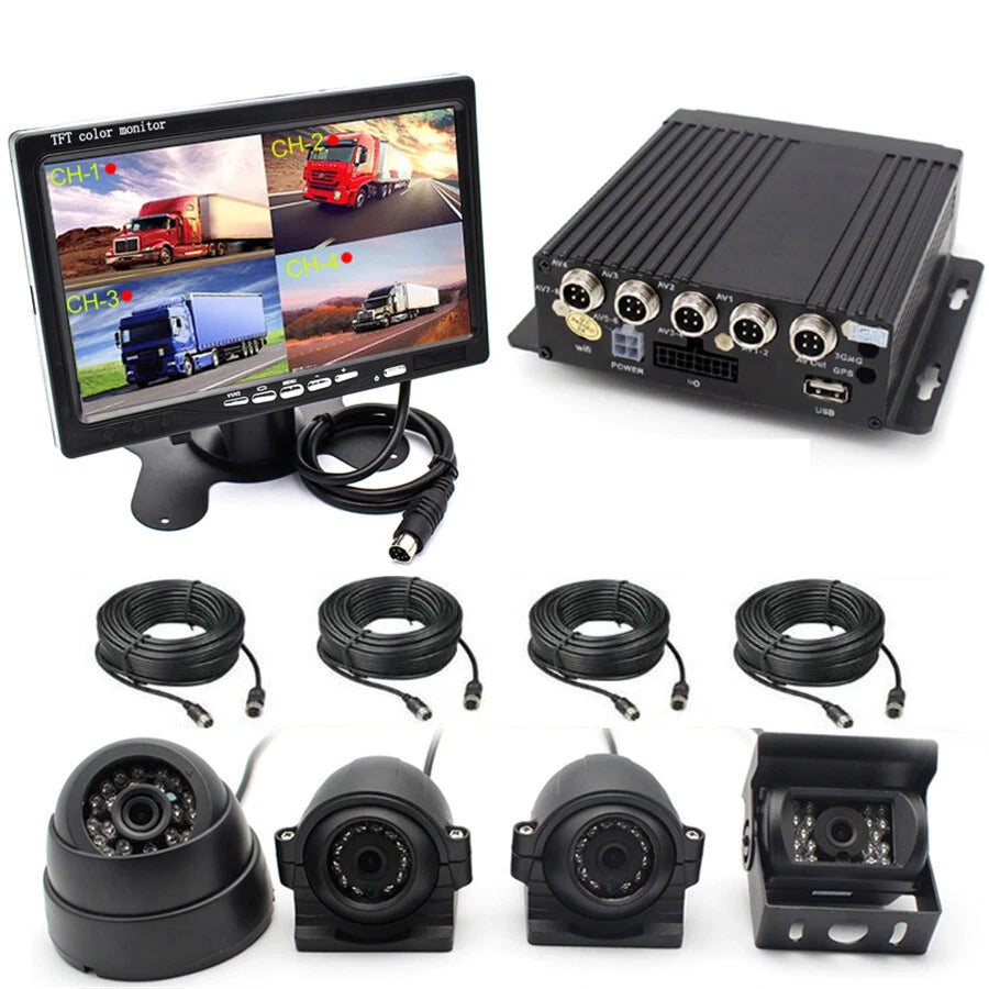 4CH Car DVR Video Recorder + 7" Monitor + 4 Night Vision Cameras for Truck Van Bus