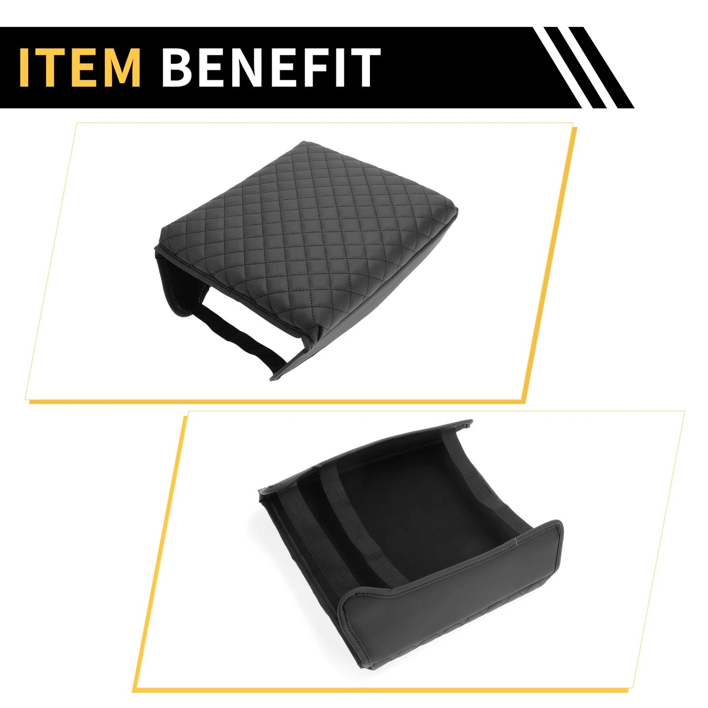 Console Lid Armrest Cover for Ford - Microfiber Leather, Black, Square Pattern