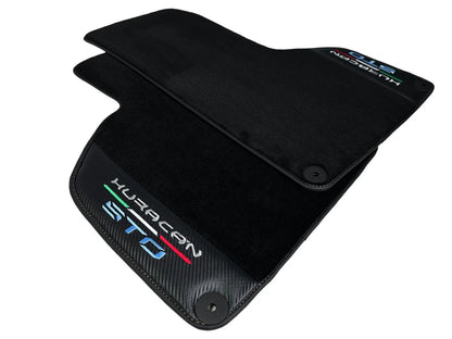 Black Floor Mats for Lamborghini Huracan STO (2020-2023) - Carbon Fiber Leather Orange