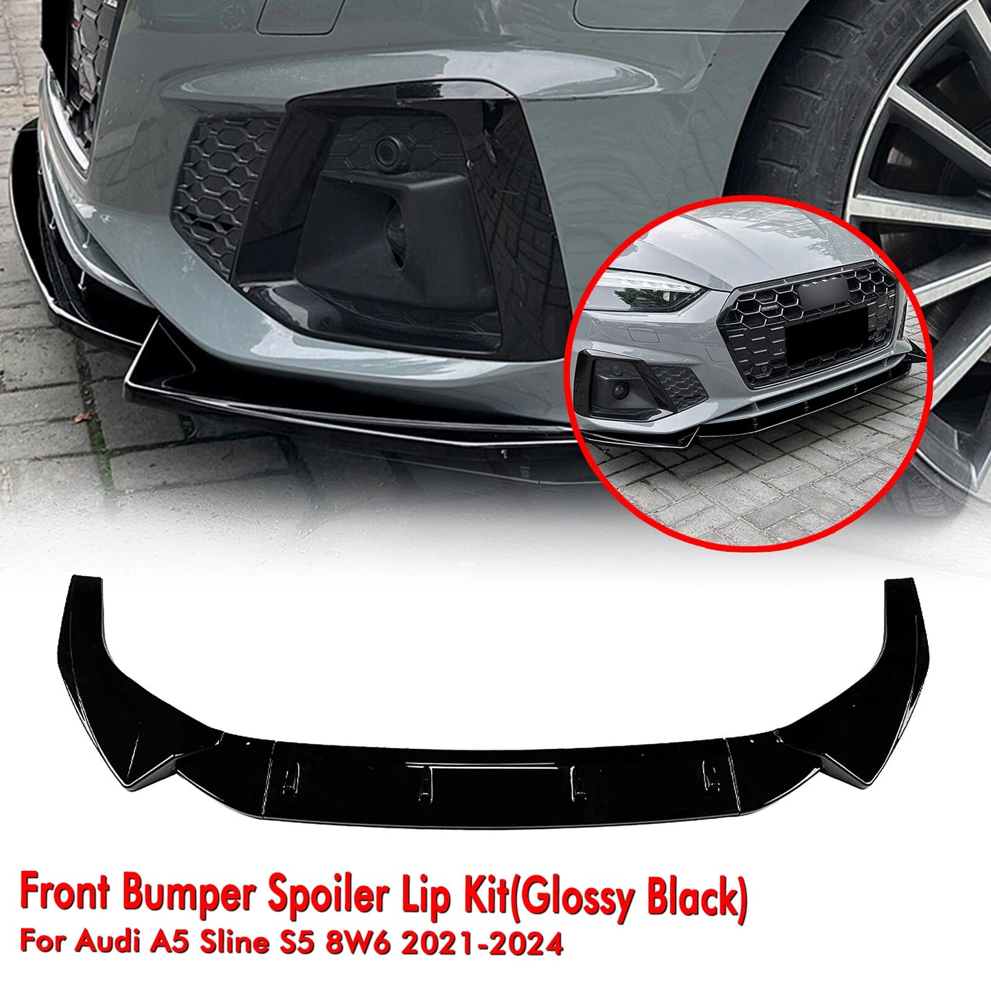 Gloss Black Front Bumper Spoiler Lip for Audi A5 Sline S5 (2021-2024)