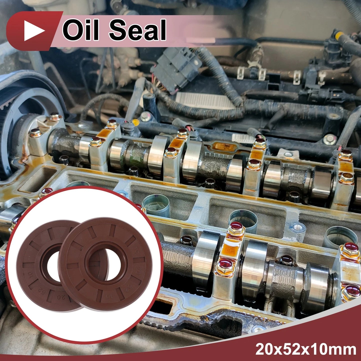 Oil Seal 20x52x10mm Seal Ring Rotary Shaft Seal FKM Brown 2 Pcs