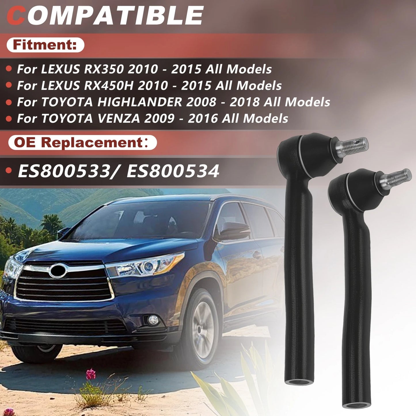 2 x Front Outer Tie Rod End Linkages for Lexus RX for Toyota Highlander